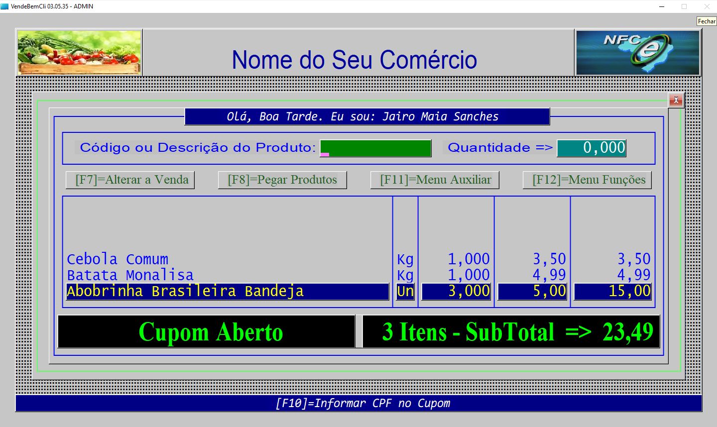 Tela do Sistema com Cupom Aberto