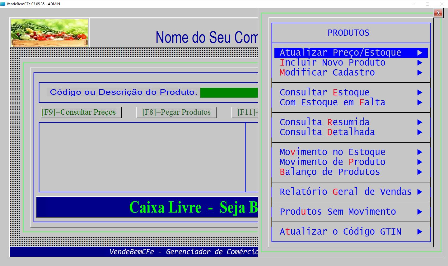Opções do menu Produtos