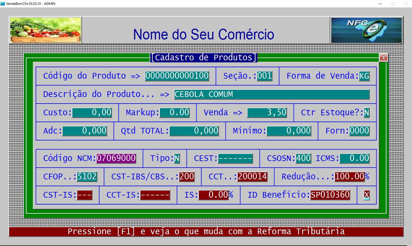 Tela do Cadastro de produtos