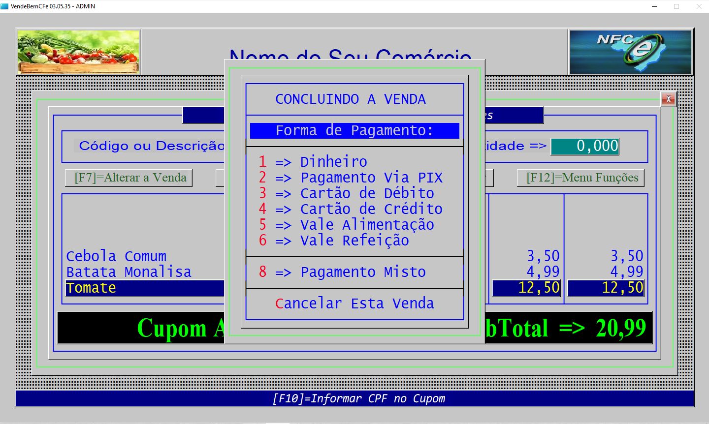 Tela do Fechamento da Venda